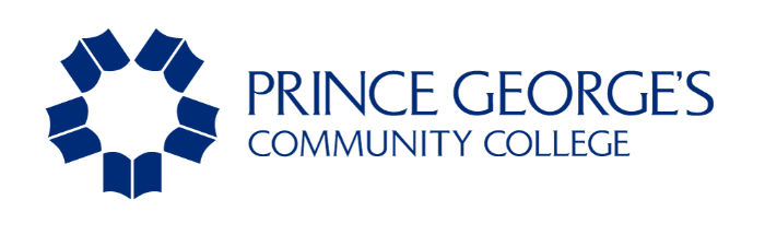 Logo of Prince George's Community College with an abstract navy blue book design and text.