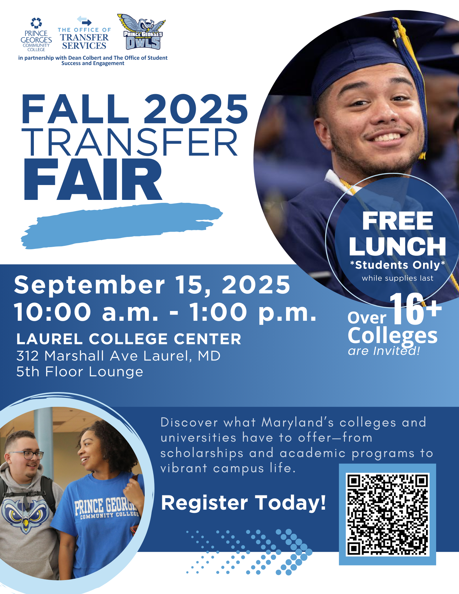 A poster for the Fall 2025 Transfer Fair with event details, photos of students, and logos.