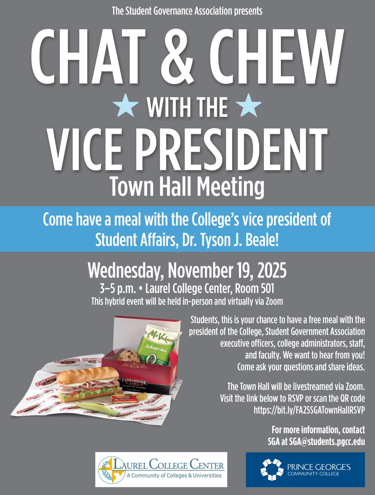 Chat & Chew Town Hall with Vice President Dr. Tyson J. Beale. November 19, 2025, 3–5 p.m. Laurel College Center, Room 501. Free meal provided. In-person and on Zoom.